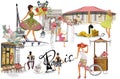 Set of Paris illustrations with fashion girls, cafes and musicians. Royalty Free Stock Photo